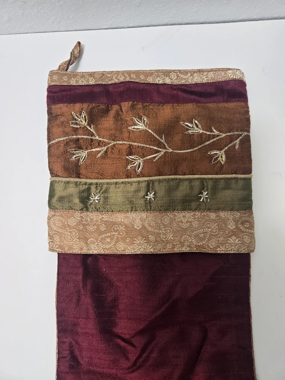Crate & Barrel Velvet Stocking in Burgundy with Embroidered Cuff